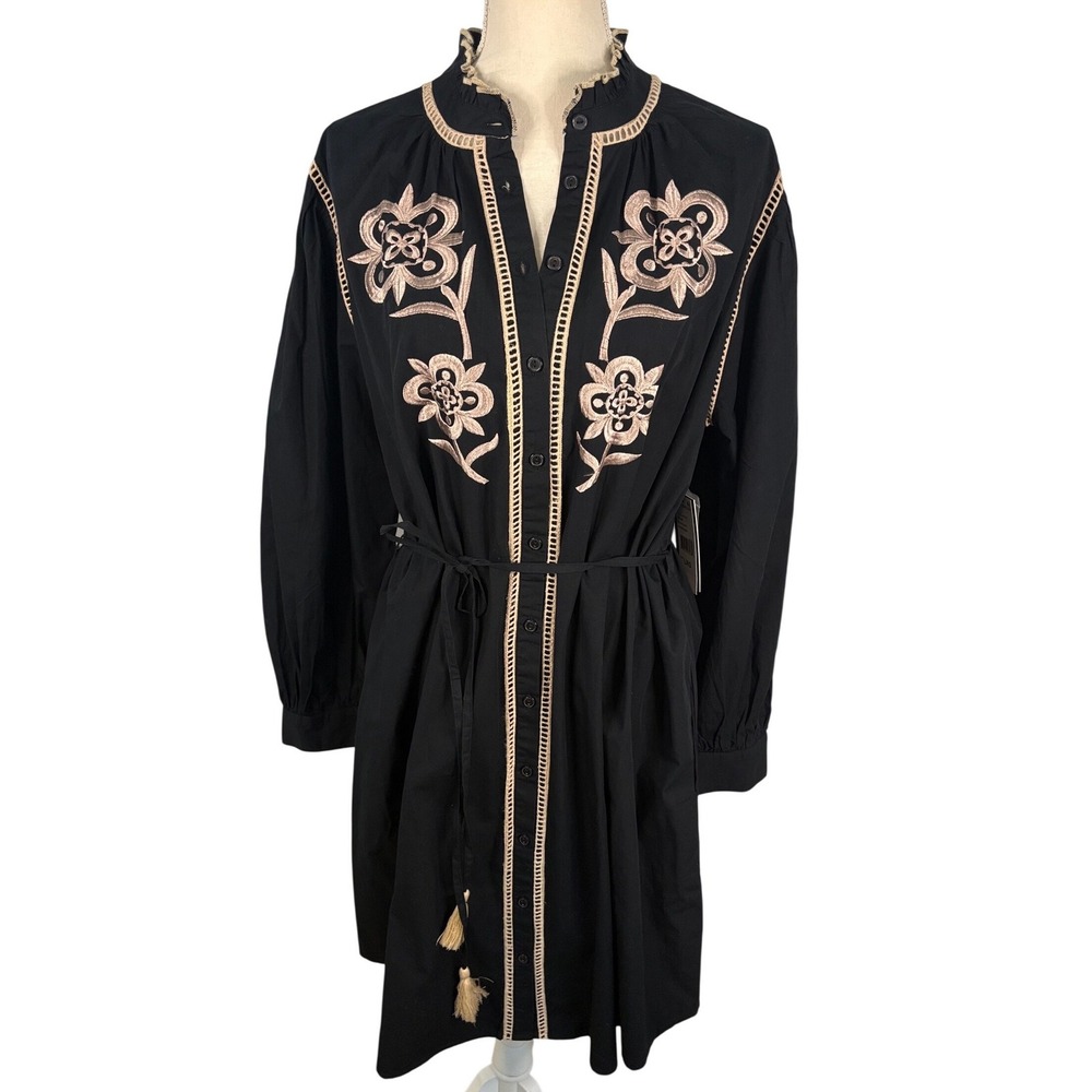 Julia Jordan Black Embroidered Cotton Shirt Dress NWT L Ivory Floral - Picture 1 of 8